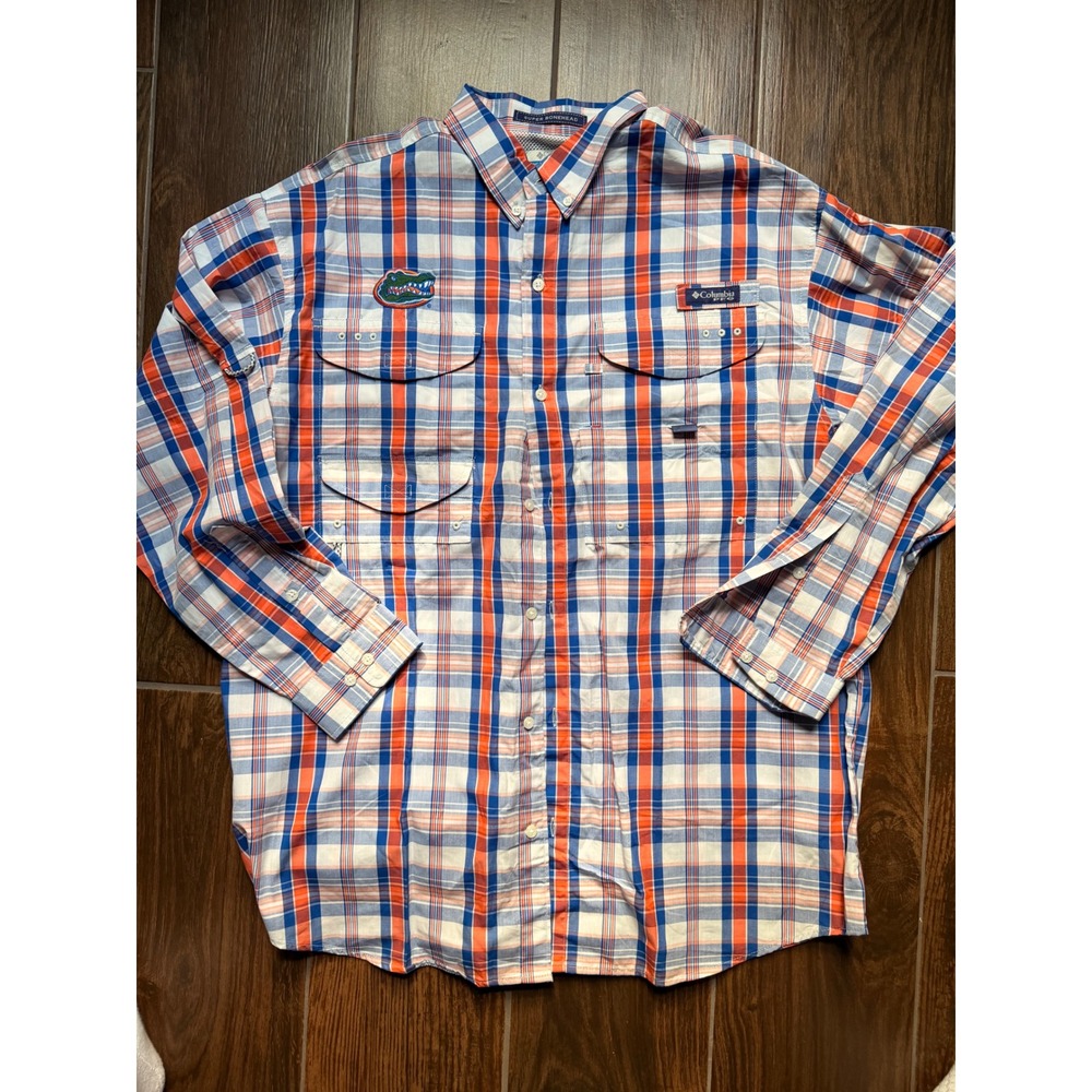 Columbia PFG Super Bonehead Florida Gators Fishing Shirt Mens Large Blue Orange